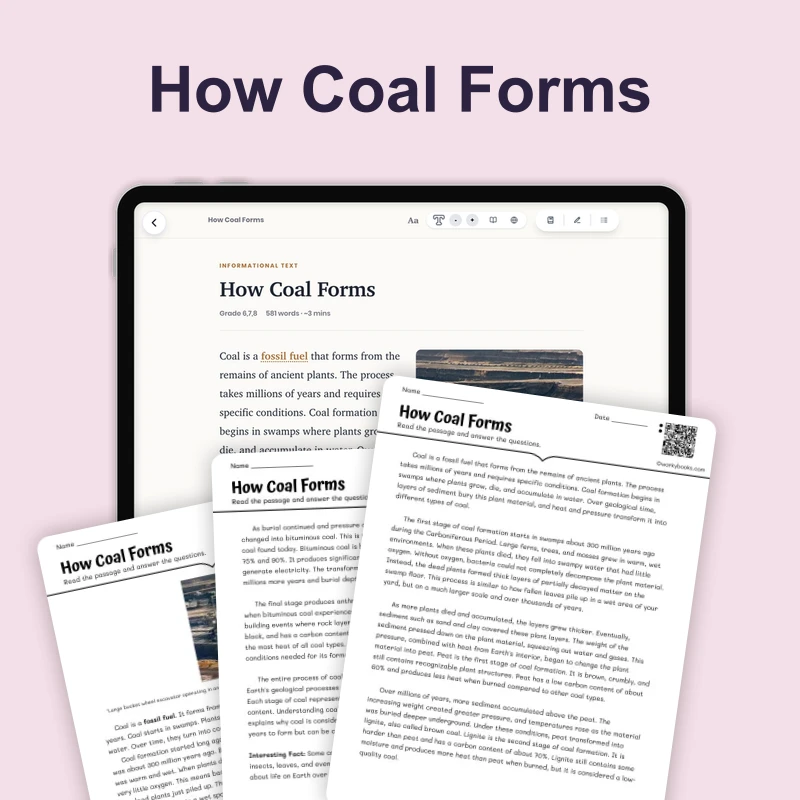 How Coal Forms — science — reading comprehension for Grade 6, Grade 7, Grade 8, page 1 of 4