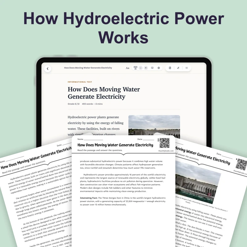 How Does Moving Water Generate Electricity — science — reading comprehension for Grade 6, Grade 7, Grade 8, page 1 of 4