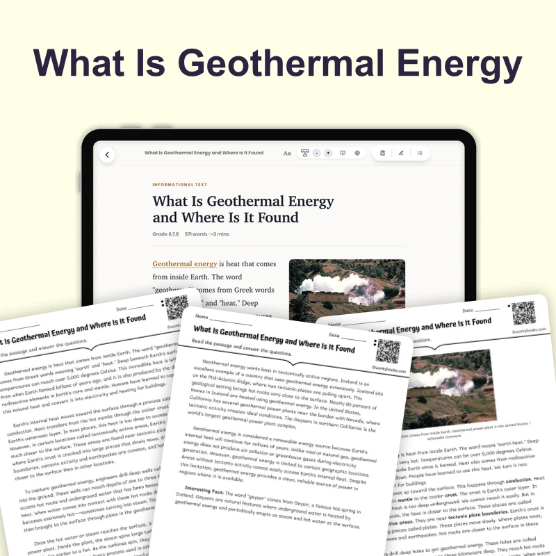 What Is Geothermal Energy and Where Is It Found — science — reading comprehension for Grade 6, Grade 7, Grade 8, page 1 of 4