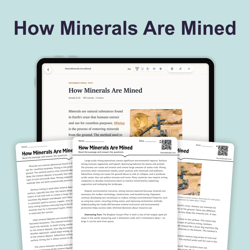 How Minerals Are Mined — science — reading comprehension for Grade 6, Grade 7, Grade 8, page 1 of 4