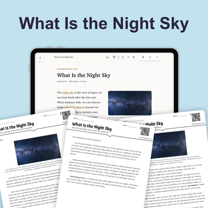 What Is the Night Sky — science — reading comprehension for Grade 5, Grade 6, Grade 7, Grade 8, page 1 of 4