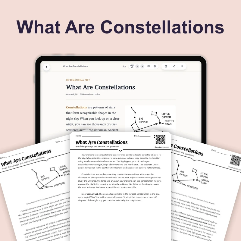 What Are Constellations — science — reading comprehension for Grade 5, Grade 6, Grade 7, Grade 8, page 1 of 4