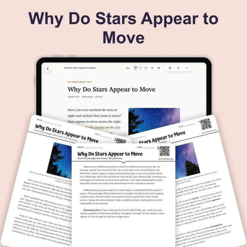 Why Do Stars Appear to Move — science — reading comprehension for Grade 5, Grade 6, Grade 7, Grade 8, page 1 of 4