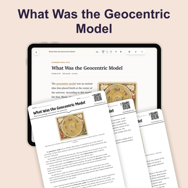What Was the Geocentric Model — science — reading comprehension for Grade 5, Grade 6, Grade 7, Grade 8, page 1 of 4
