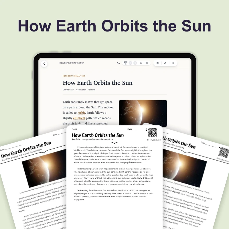How Earth Orbits the Sun — science — reading comprehension for Grade 5, Grade 6, Grade 7, Grade 8, page 1 of 4