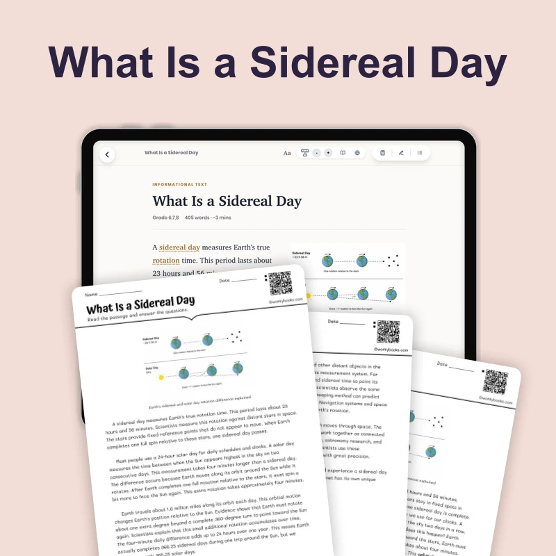 What Is a Sidereal Day — science — reading comprehension for Grade 5, Grade 6, Grade 7, Grade 8, page 1 of 4