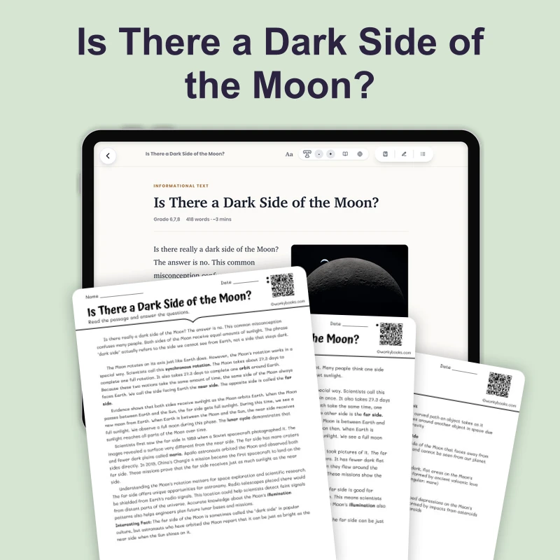 Is There Really a Dark Side of the Moon — science — reading comprehension for Grade 5, Grade 6, Grade 7, Grade 8, page 1 of 4