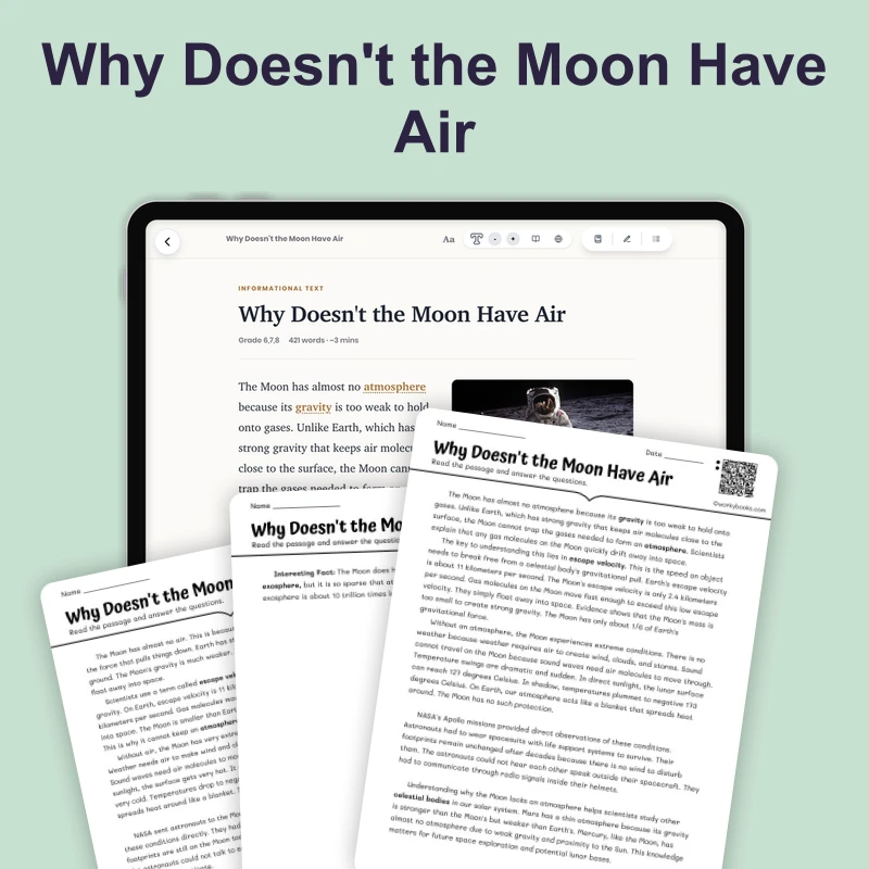 Why Doesn't the Moon Have Air — science — reading comprehension for Grade 5, Grade 6, Grade 7, Grade 8, page 1 of 4