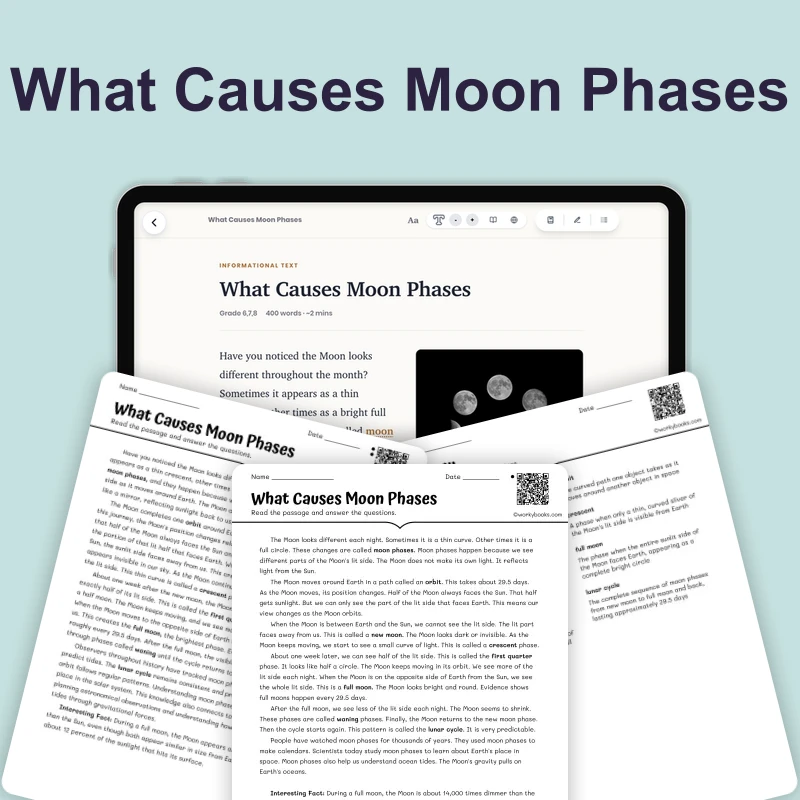 What Causes Moon Phases — science — reading comprehension for Grade 5, Grade 6, Grade 7, Grade 8, page 1 of 4