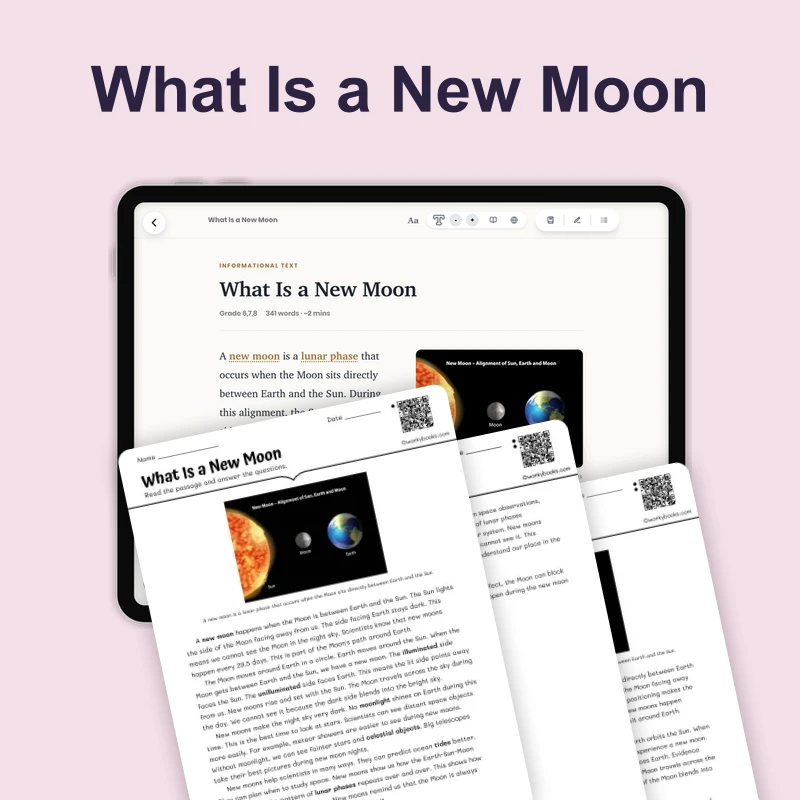 What Is a New Moon — science — reading comprehension for Grade 5, Grade 6, Grade 7, Grade 8, page 1 of 4