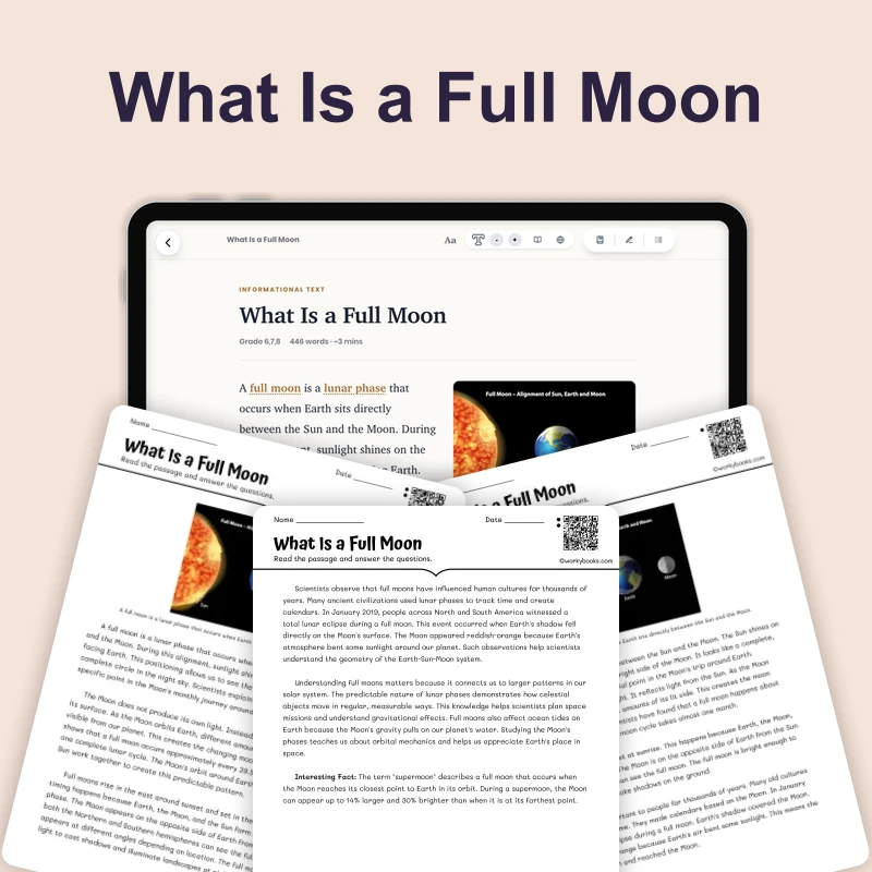 What Is a Full Moon — science — reading comprehension for Grade 5, Grade 6, Grade 7, Grade 8, page 1 of 4