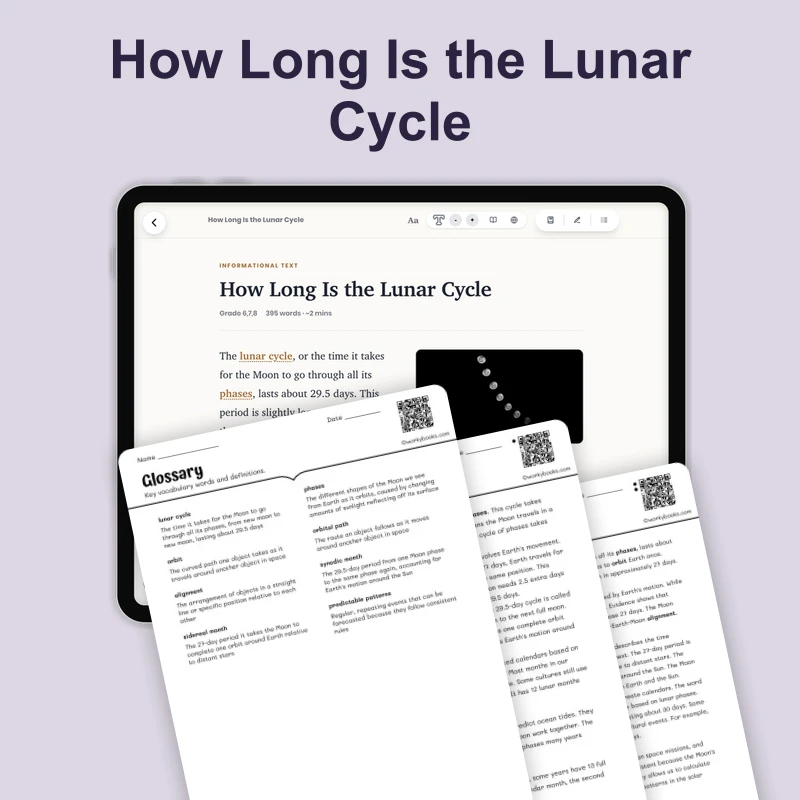 How Long Is the Lunar Cycle — science — reading comprehension for Grade 5, Grade 6, Grade 7, Grade 8, page 1 of 4