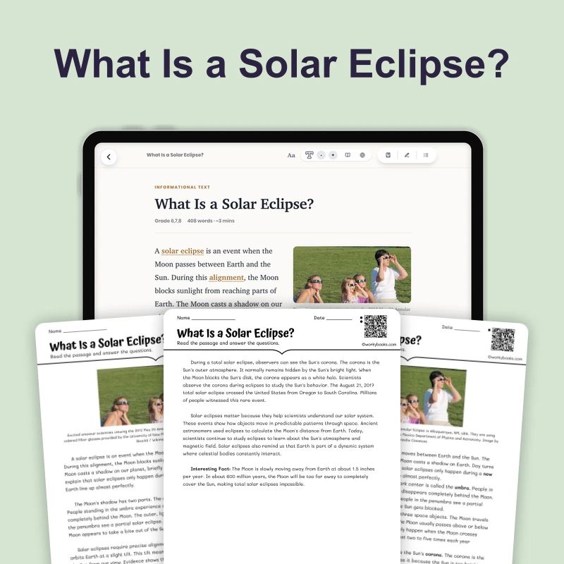 What Is a Solar Eclipse — science — reading comprehension for Grade 5, Grade 6, Grade 7, Grade 8, page 1 of 4