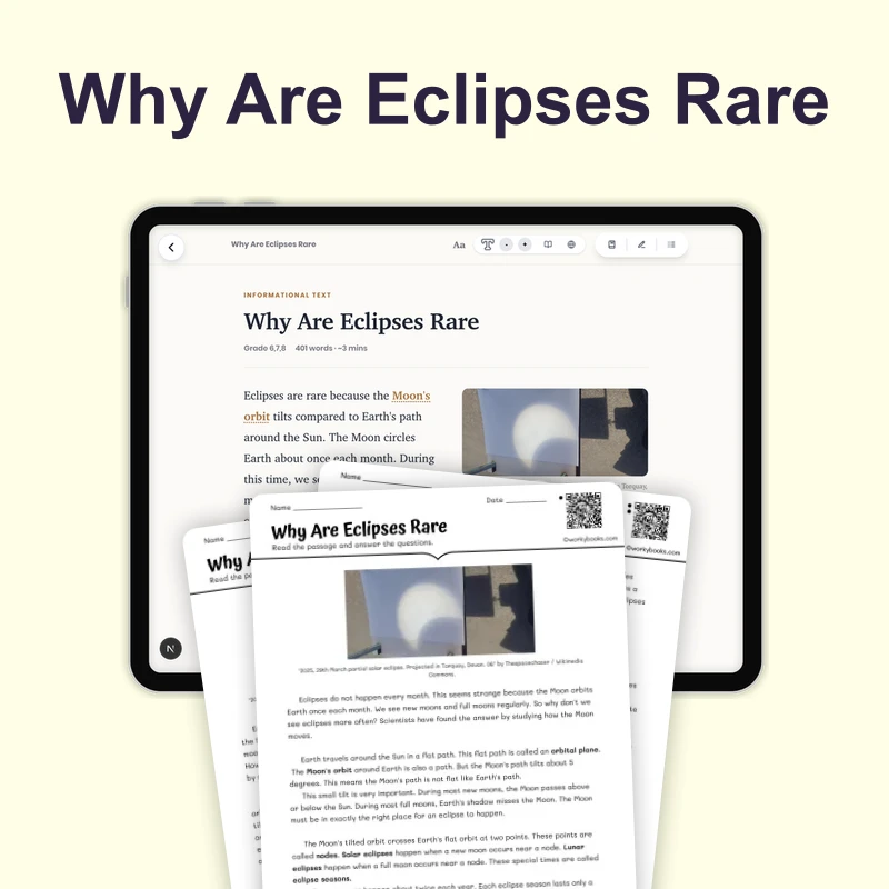 Why Are Eclipses Rare — science — reading comprehension for Grade 5, Grade 6, Grade 7, Grade 8, page 1 of 4
