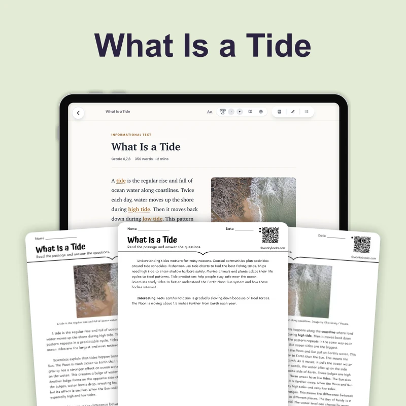 What Is a Tide — science — reading comprehension for Grade 5, Grade 6, Grade 7, Grade 8, page 1 of 4