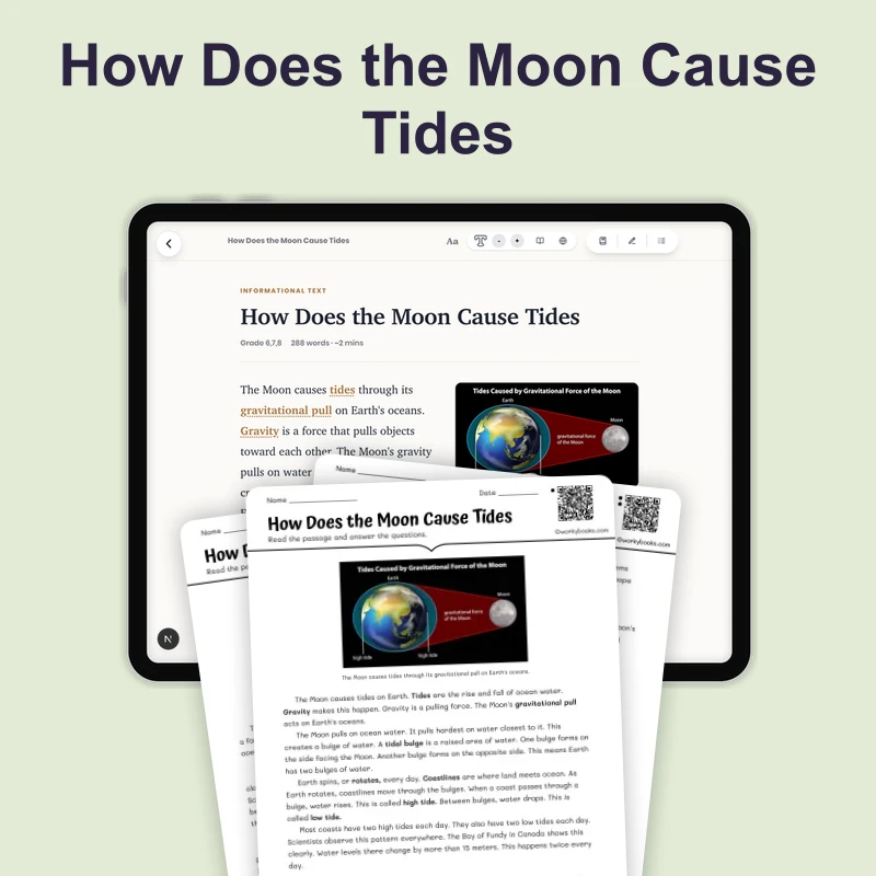 How Does the Moon Cause Tides — science — reading comprehension for Grade 5, Grade 6, Grade 7, Grade 8, page 1 of 4