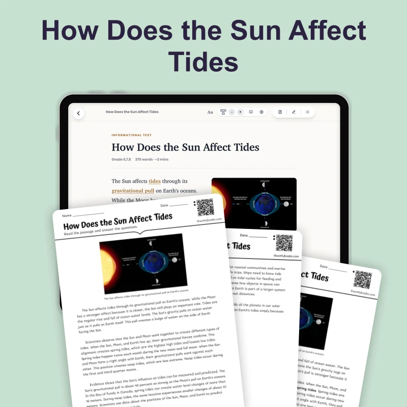 How Does the Sun Affect Tides — science — reading comprehension for Grade 5, Grade 6, Grade 7, Grade 8, page 1 of 4