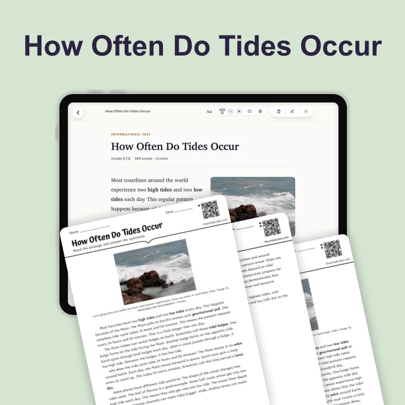 How Often Do Tides Occur — science — reading comprehension for Grade 5, Grade 6, Grade 7, Grade 8, page 1 of 4