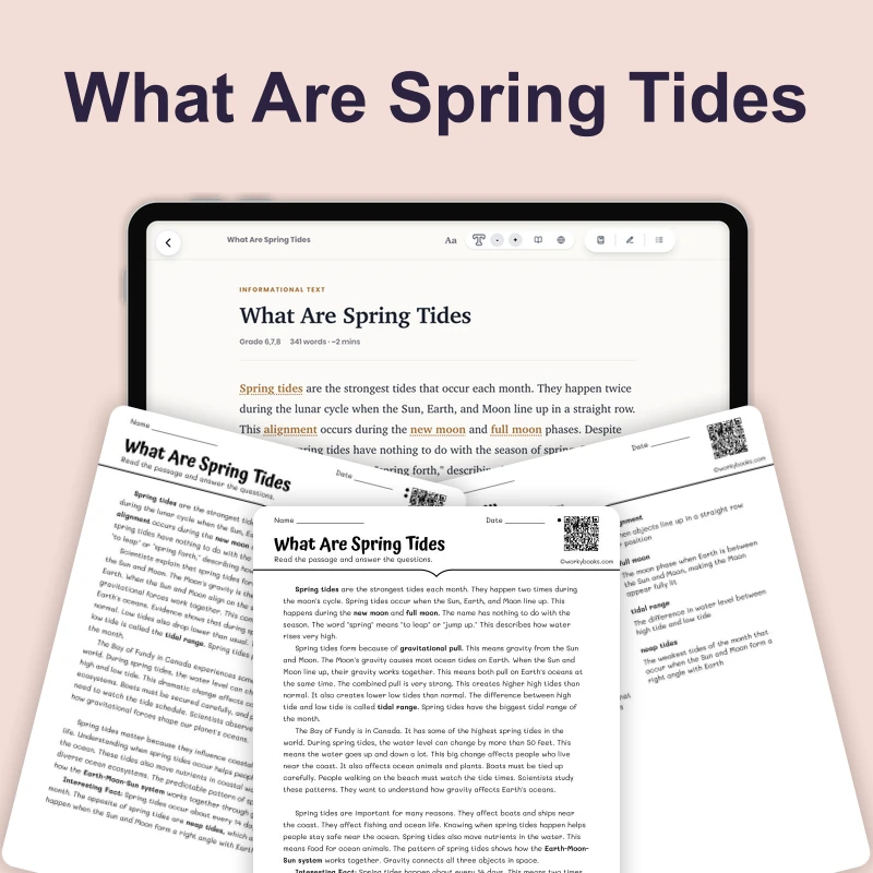 What Are Spring Tides — science — reading comprehension for Grade 5, Grade 6, Grade 7, Grade 8, page 1 of 4