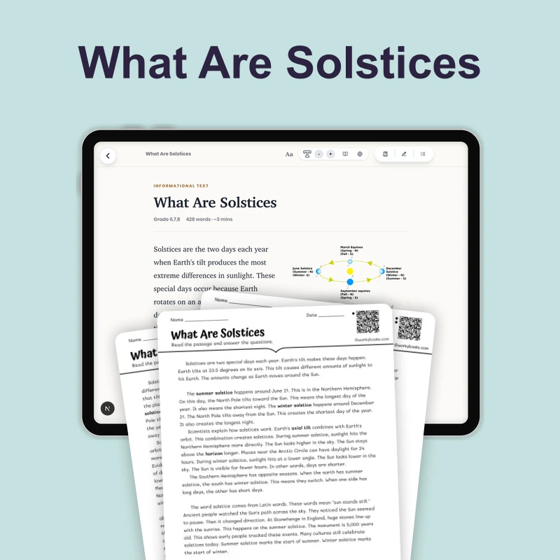 What Are Solstices — science — reading comprehension for Grade 5, Grade 6, Grade 7, Grade 8, page 1 of 4