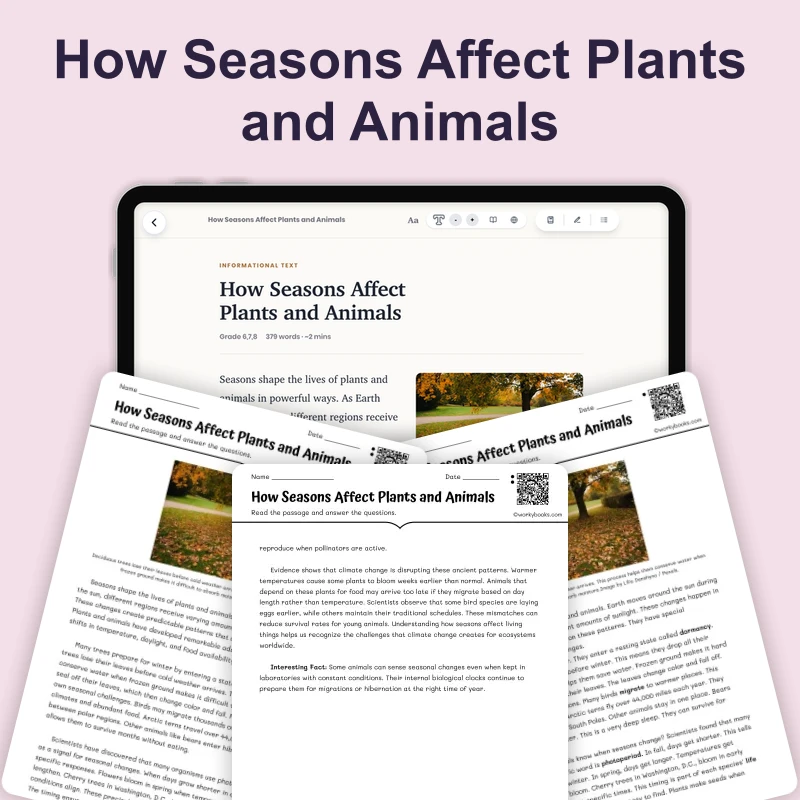 How Seasons Affect Plants and Animals — science — reading comprehension for Grade 5, Grade 6, Grade 7, Grade 8, page 1 of 4