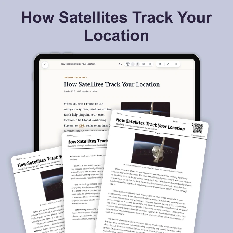How Satellites Track Your Location — science — reading comprehension for Grade 5, Grade 6, Grade 7, Grade 8, page 1 of 4