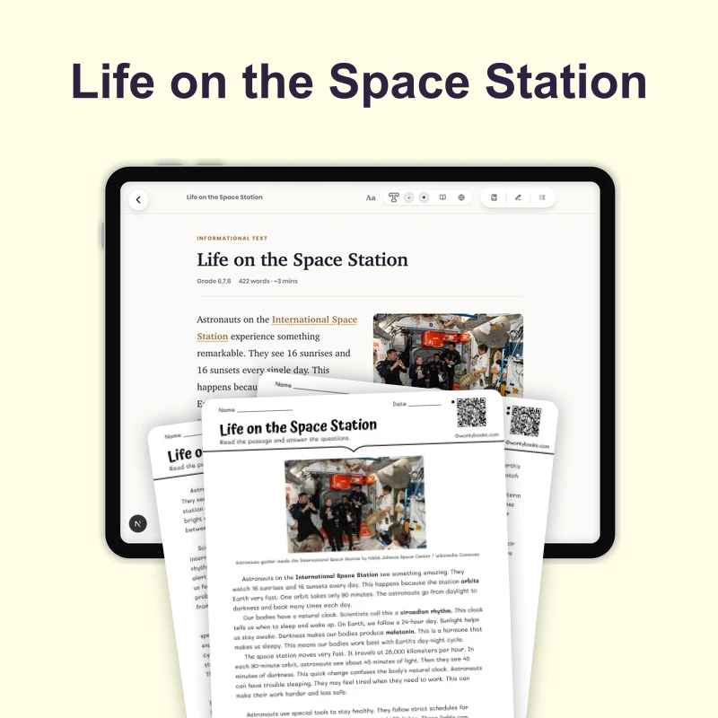 Life on the Space Station — science — reading comprehension for Grade 5, Grade 6, Grade 7, Grade 8, page 1 of 4