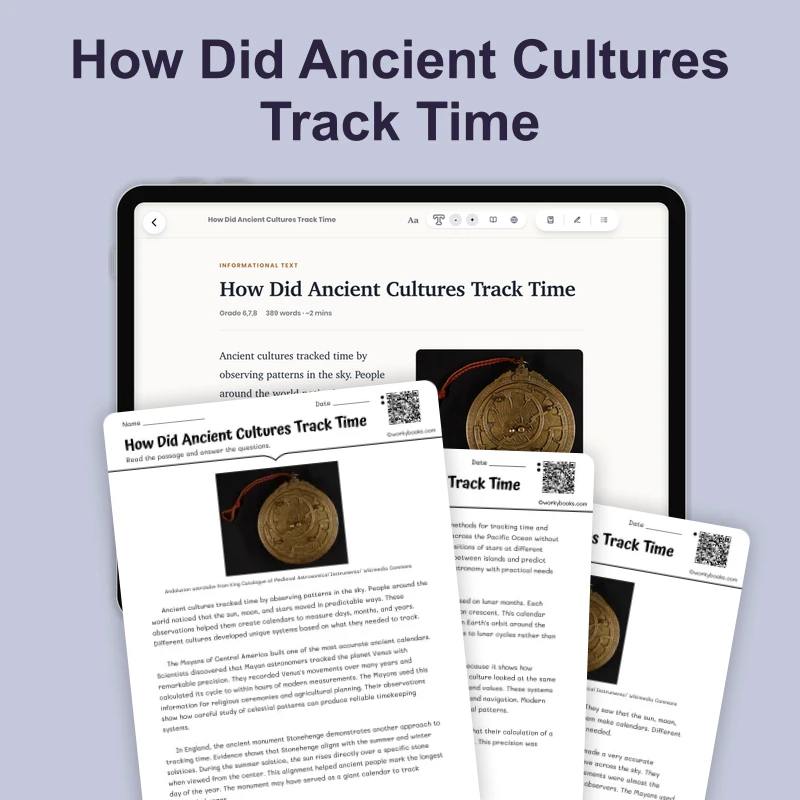 How Did Ancient Cultures Track Time — science — reading comprehension for Grade 5, Grade 6, Grade 7, Grade 8, page 1 of 4
