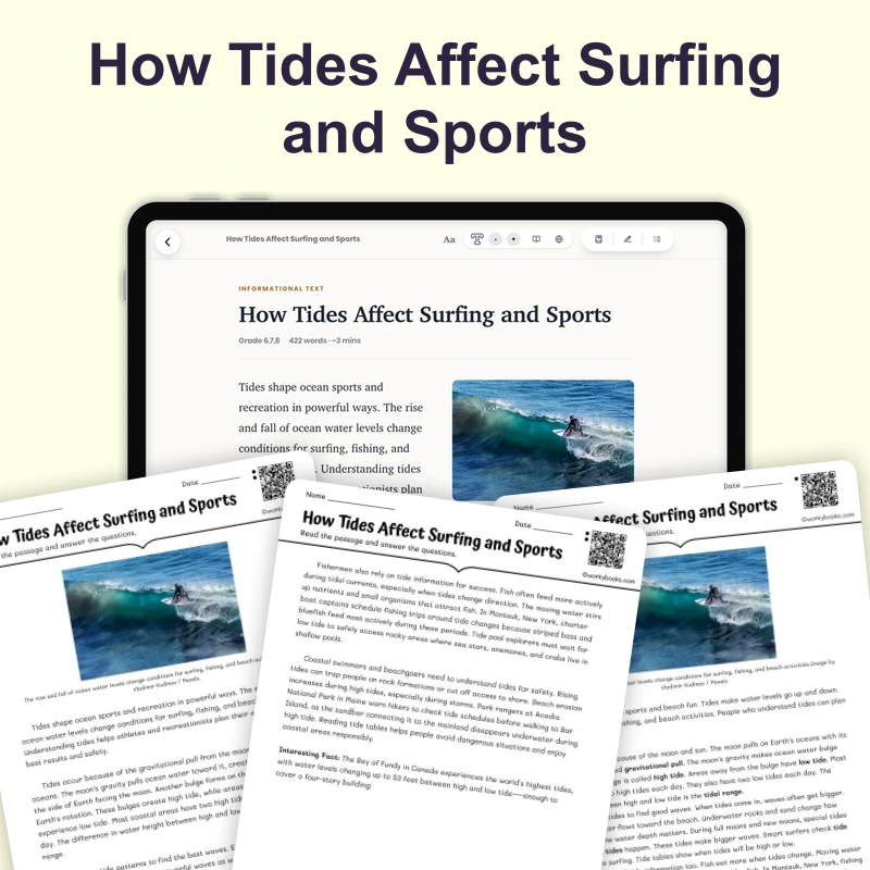 How Tides Affect Surfing and Sports — science — reading comprehension for Grade 5, Grade 6, Grade 7, Grade 8, page 1 of 4