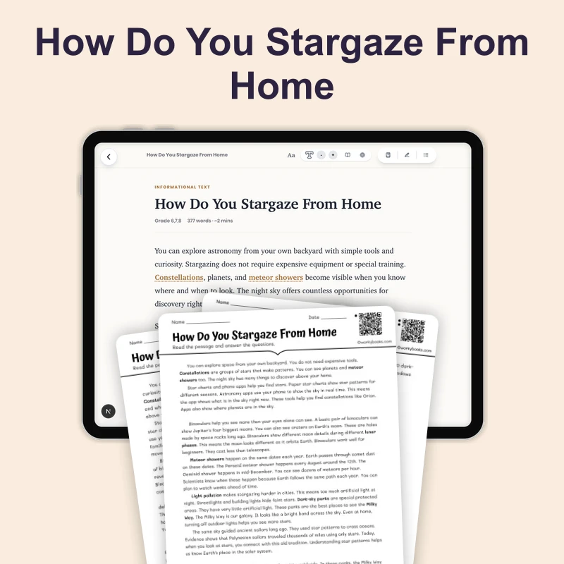 How Do You Stargaze From Home — science — reading comprehension for Grade 5, Grade 6, Grade 7, Grade 8, page 1 of 4