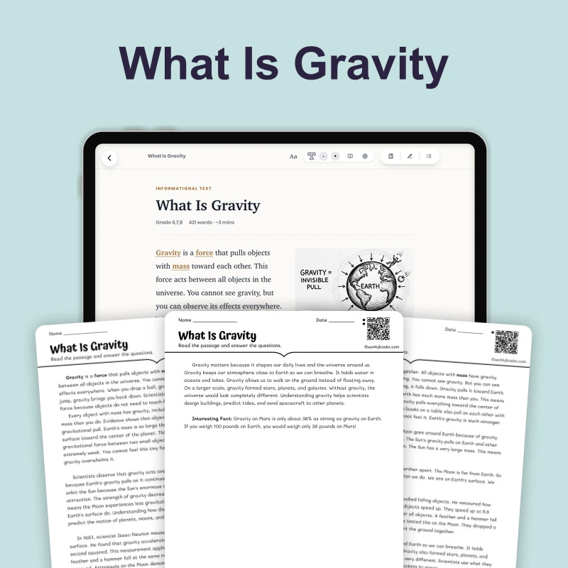 What Is Gravity — science — reading comprehension for Grade 5, Grade 6, Grade 7, Grade 8, page 1 of 4