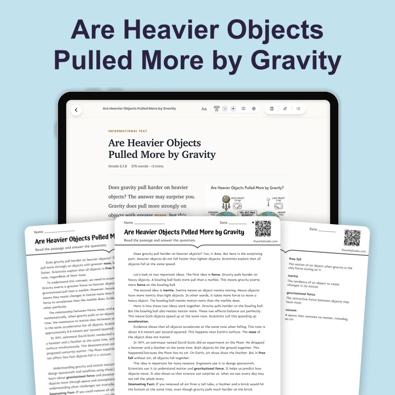 Do Heavier Objects Fall Faster — science — reading comprehension for Grade 5, Grade 6, Grade 7, Grade 8, page 1 of 4