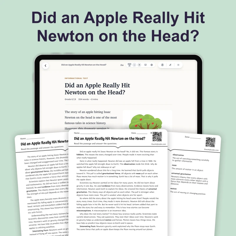 Did an Apple Really Hit Newton on the Head — science — reading comprehension for Grade 5, Grade 6, Grade 7, Grade 8, page 1 of 4