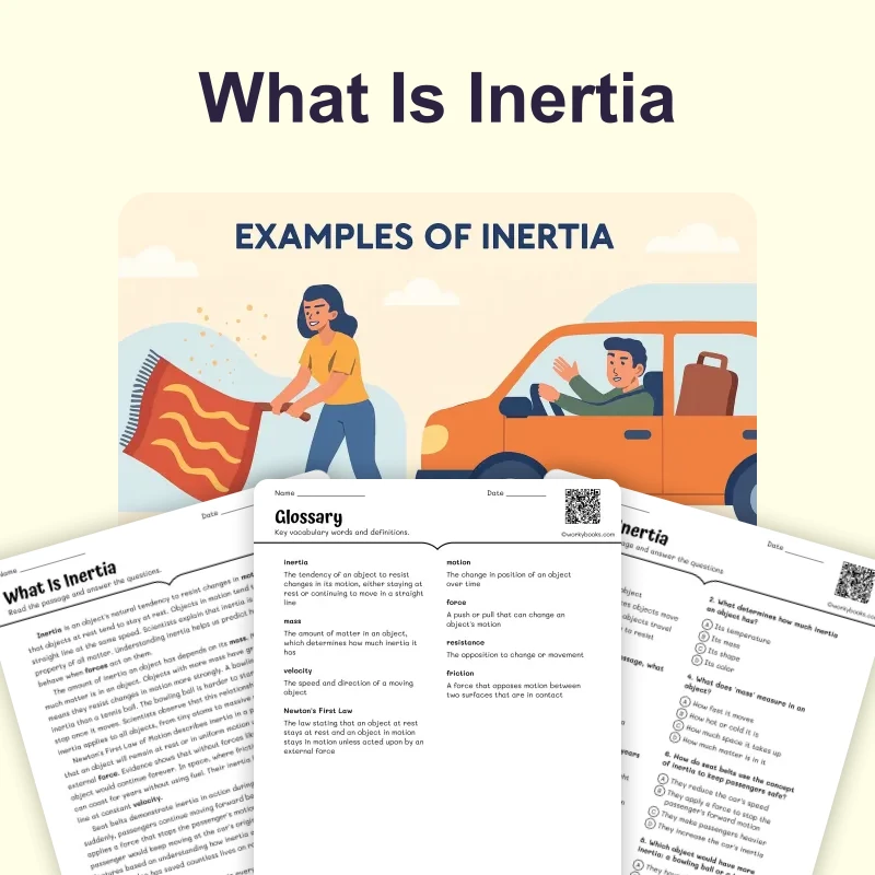 What Is Inertia — science — reading comprehension for Grade 5, Grade 6, Grade 7, Grade 8, page 1 of 4