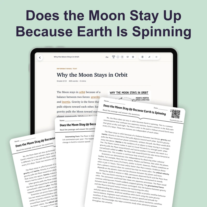 Why the Moon Stays in Orbit — science — reading comprehension for Grade 5, Grade 6, Grade 7, Grade 8, page 1 of 4