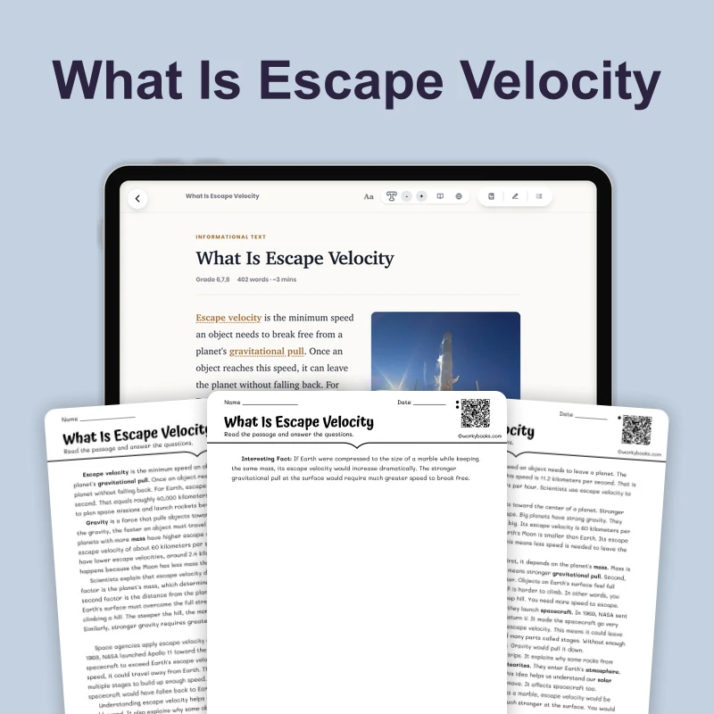 What Is Escape Velocity — science — reading comprehension for Grade 5, Grade 6, Grade 7, Grade 8, page 1 of 4