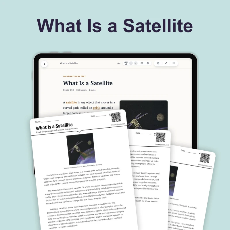 What Is a Satellite — science — reading comprehension for Grade 5, Grade 6, Grade 7, Grade 8, page 1 of 4