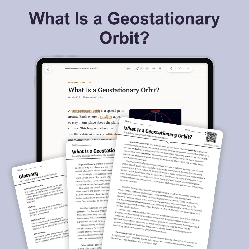 What Is a Geostationary Orbit — science — reading comprehension for Grade 5, Grade 6, Grade 7, Grade 8, page 1 of 4