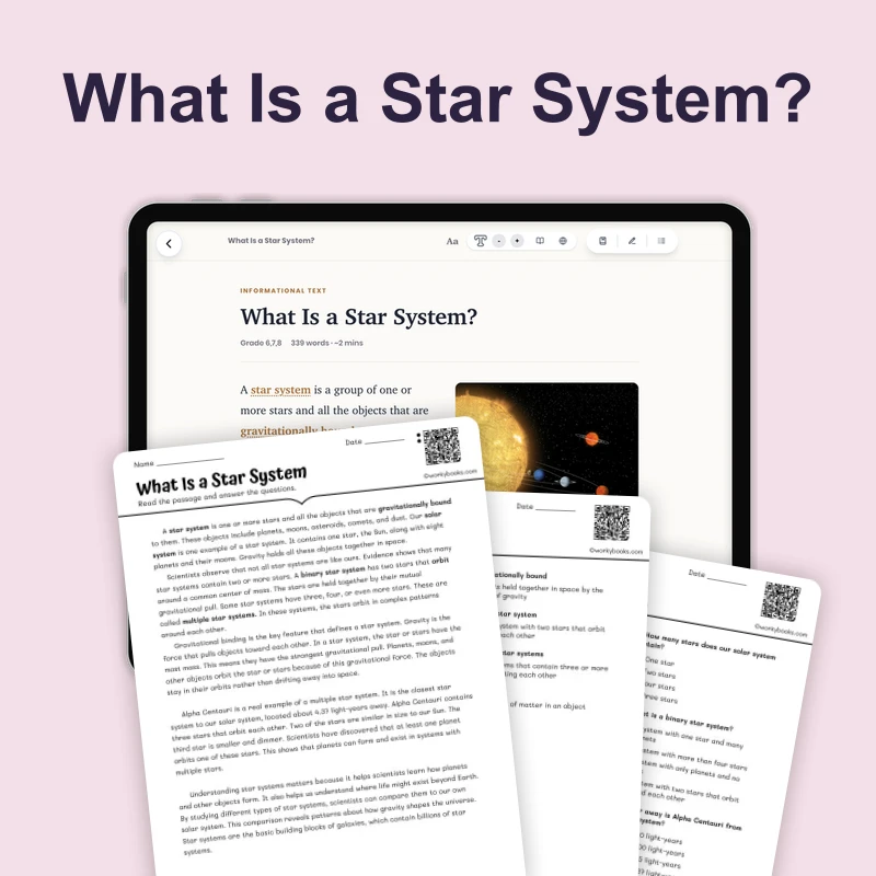 What Is a Star System — science — reading comprehension for Grade 5, Grade 6, Grade 7, Grade 8, page 1 of 1