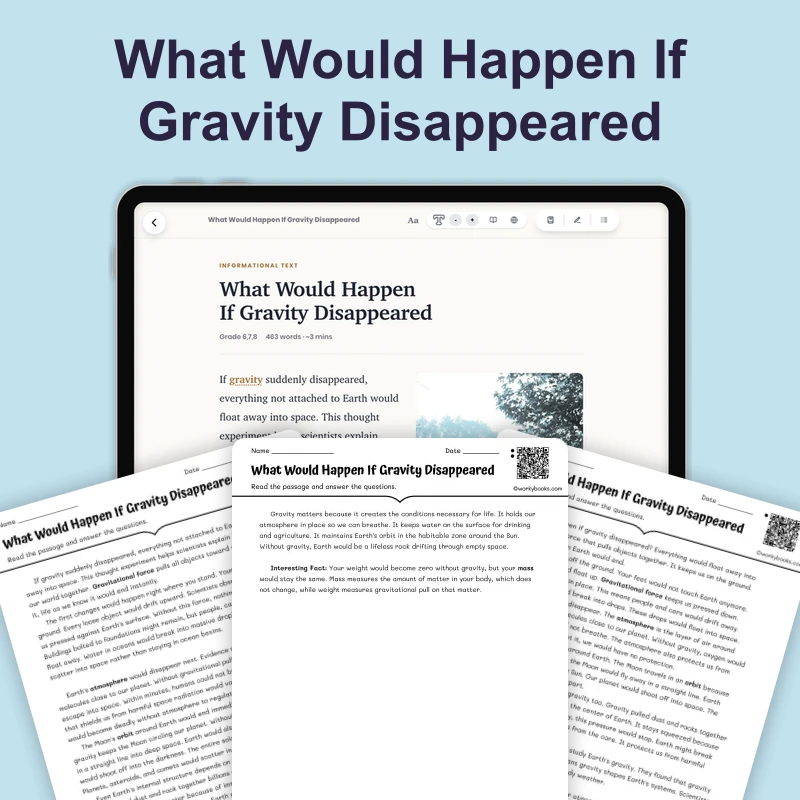 What Would Happen If Gravity Disappeared — science — reading comprehension for Grade 5, Grade 6, Grade 7, Grade 8, page 1 of 4