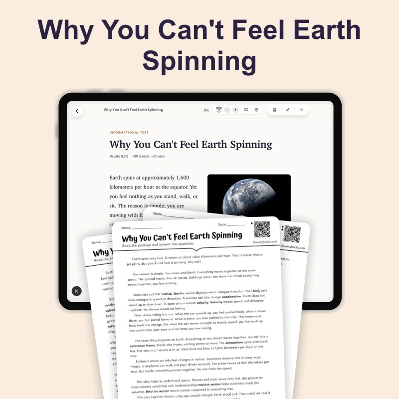 Why You Can't Feel Earth Spinning — science — reading comprehension for Grade 5, Grade 6, Grade 7, Grade 8, page 1 of 4