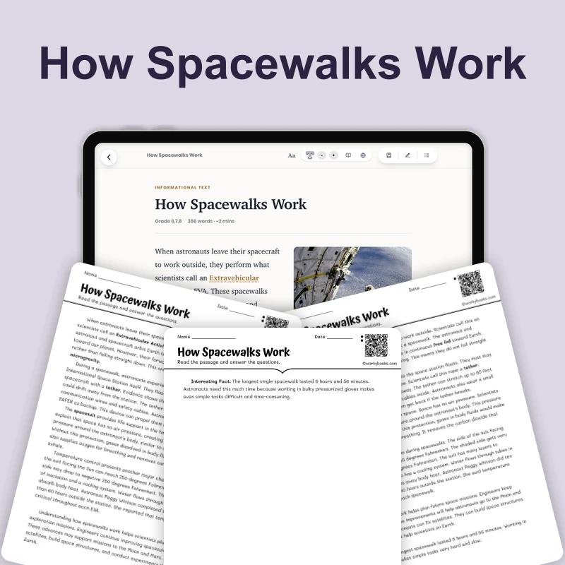 How Spacewalks Work — science — reading comprehension for Grade 5, Grade 6, Grade 7, Grade 8, page 1 of 4