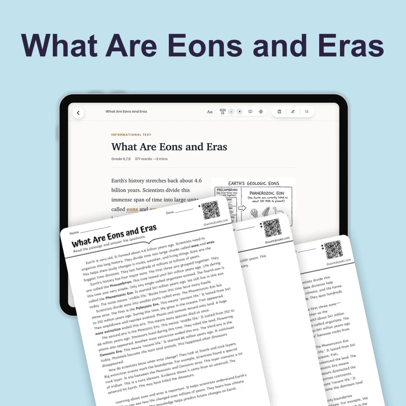 What Are Eons and Eras — science — reading comprehension for Grade 5, Grade 6, Grade 7, Grade 8, page 1 of 4