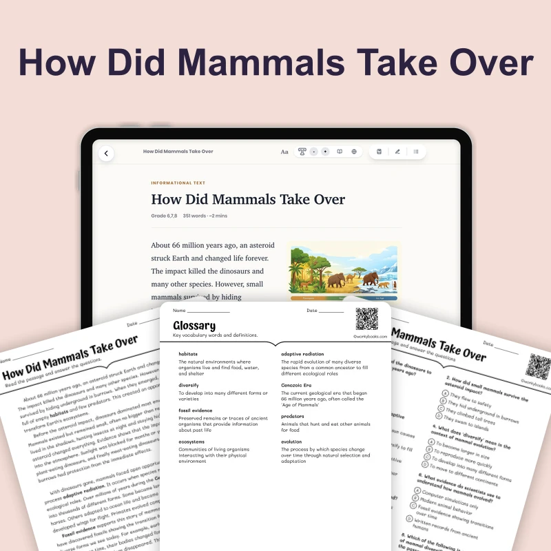 The Age of Mammals Begins — science — reading comprehension for Grade 5, Grade 6, Grade 7, Grade 8, page 1 of 1