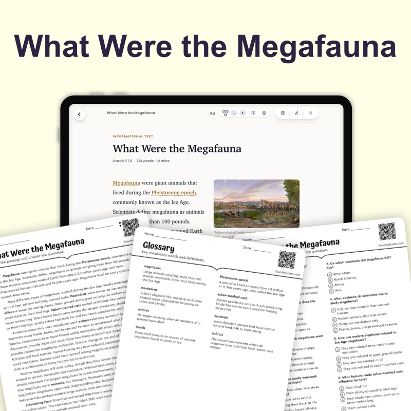 What Were the Ice Age Megafauna — science — reading comprehension for Grade 5, Grade 6, Grade 7, Grade 8, page 1 of 1