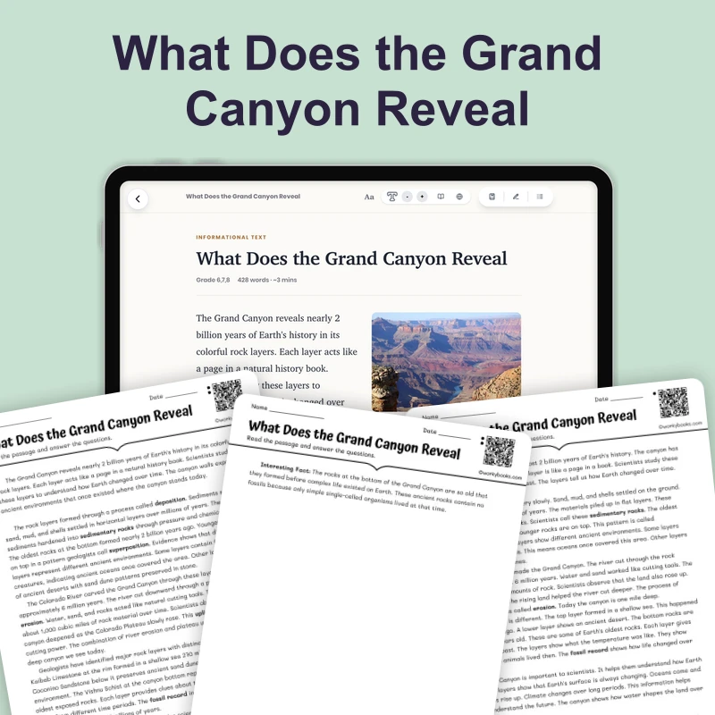 What Does the Grand Canyon Reveal — science — reading comprehension for Grade 5, Grade 6, Grade 7, Grade 8, page 1 of 4