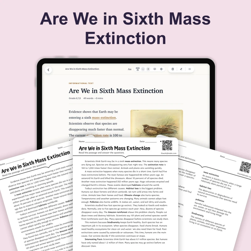 Are We in Sixth Mass Extinction — science — reading comprehension for Grade 5, Grade 6, Grade 7, Grade 8, page 1 of 4