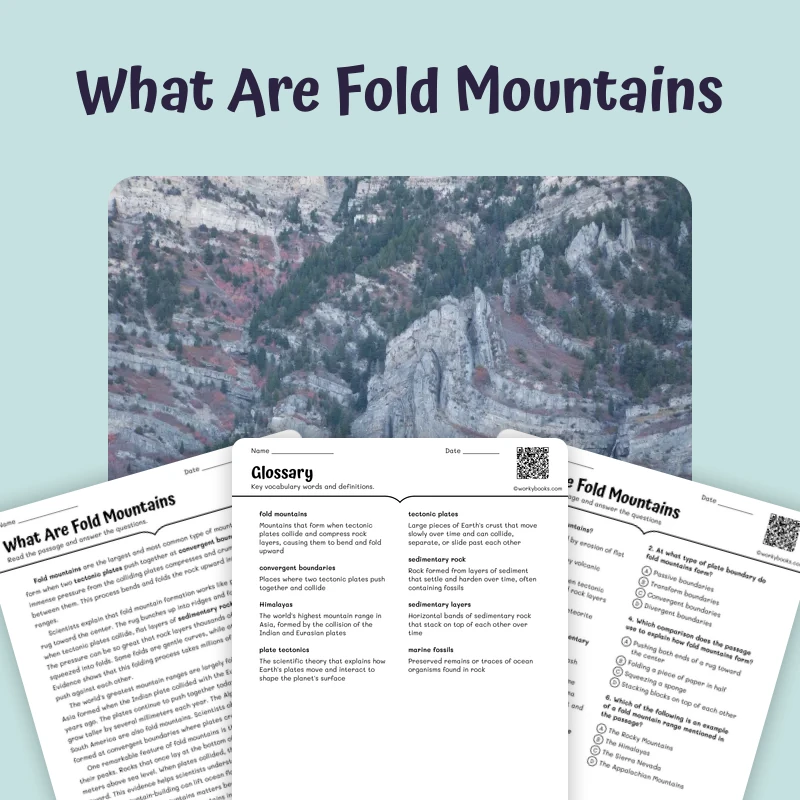 What Are Fold Mountains — science — reading comprehension for Grade 5, Grade 6, Grade 7, Grade 8, page 1 of 1