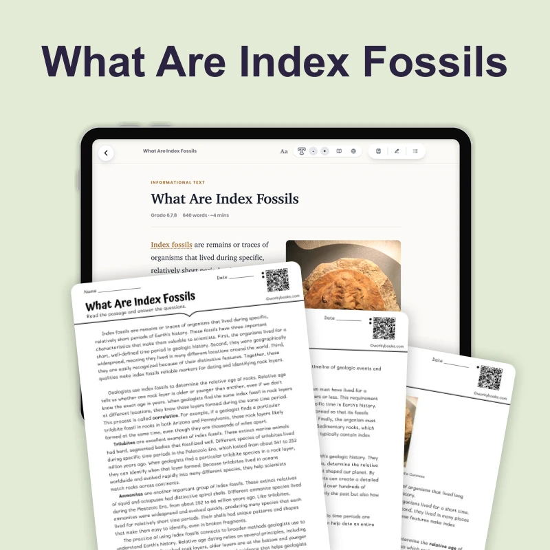 What Are Index Fossils — science — reading comprehension for Grade 6, Grade 7, Grade 8, page 1 of 4