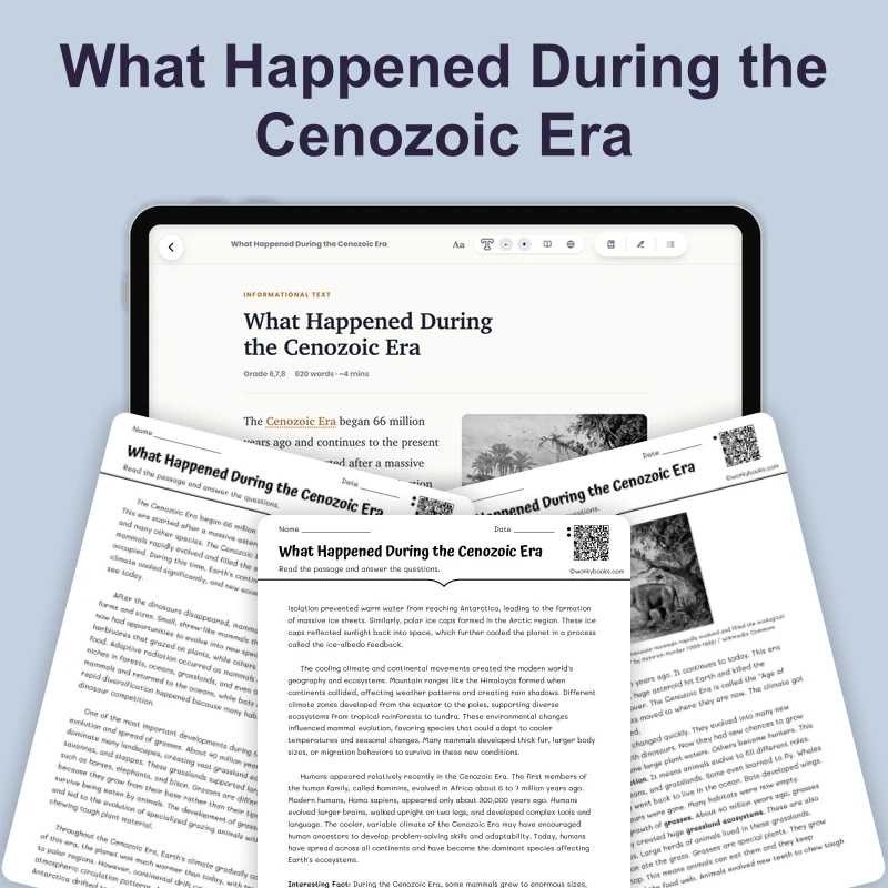 What Happened During the Cenozoic Era — science — reading comprehension for Grade 6, Grade 7, Grade 8, page 1 of 4